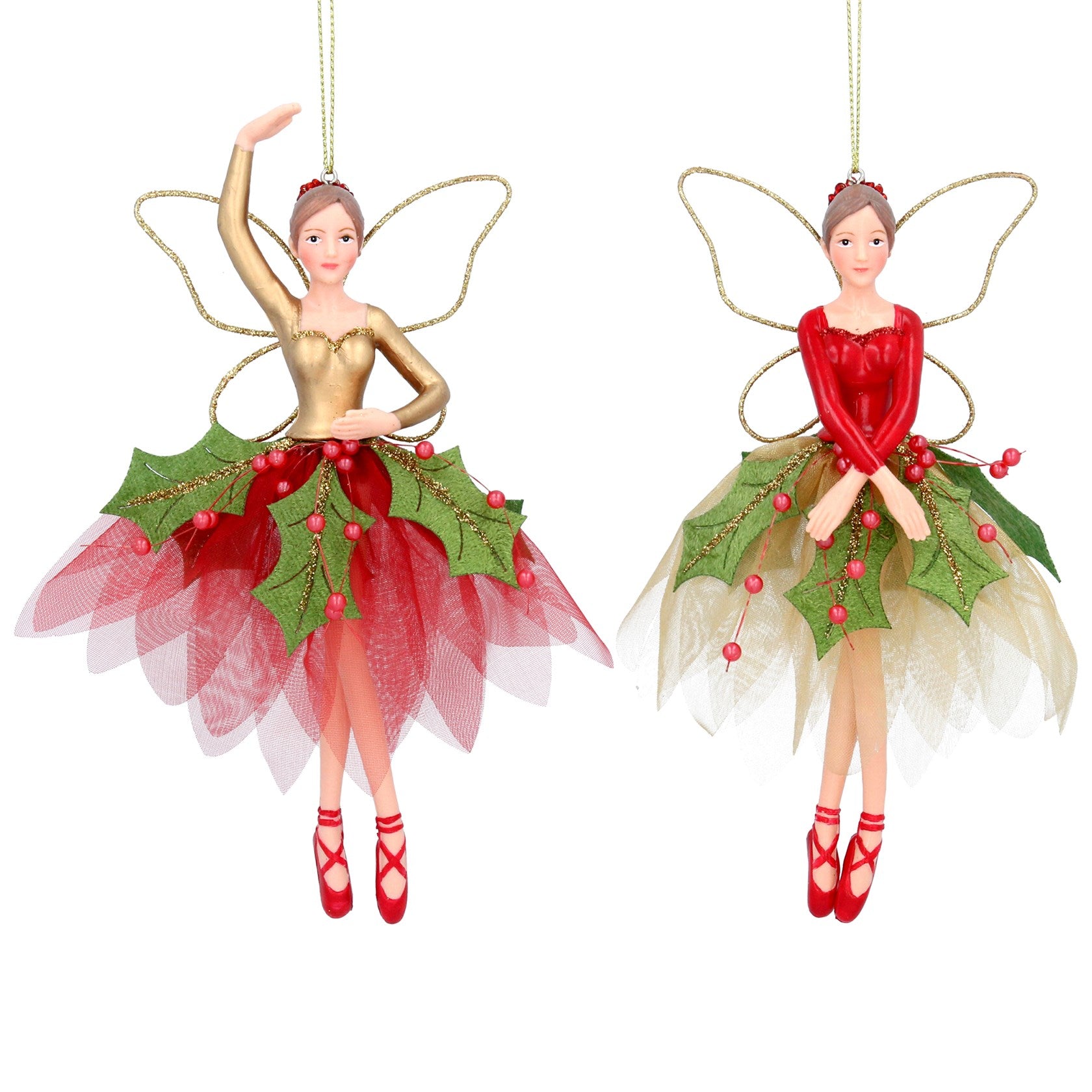 Hanging Glitter Fairy Decoration - Gold & Red - Holly
