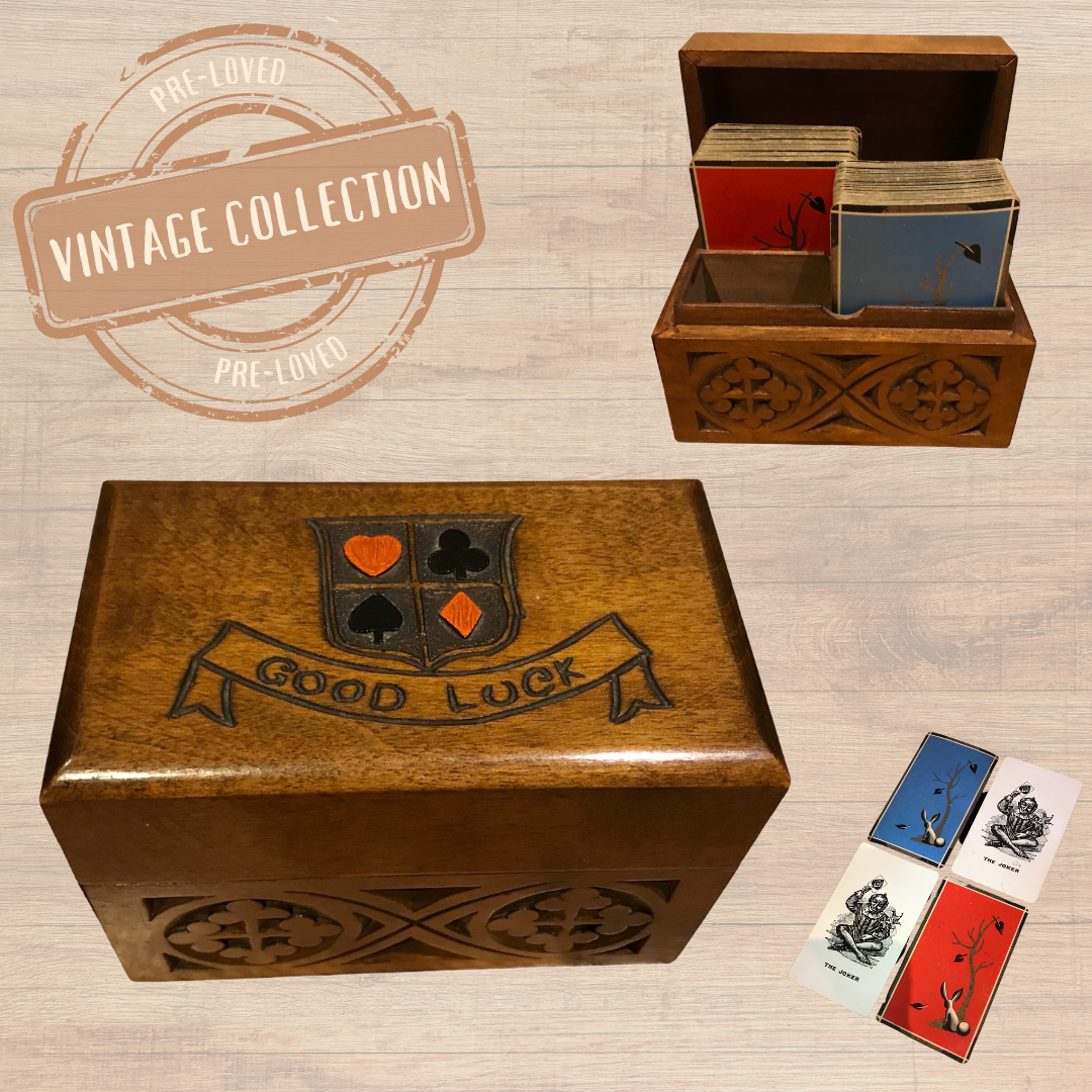 1930's Hand Carved Arts & Crafts-Style Playing Card Box complete with Art Deco 'De La Rue' Playing Cards