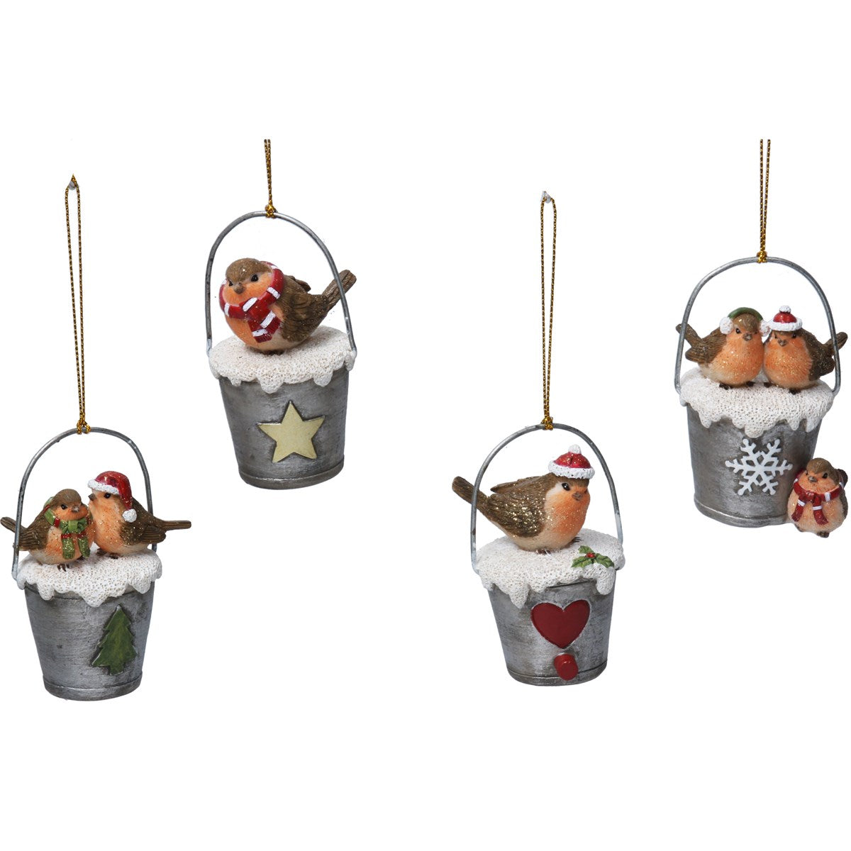 Hanging Robin in Tin Bucket Decoration - Woodland - Set of 4
