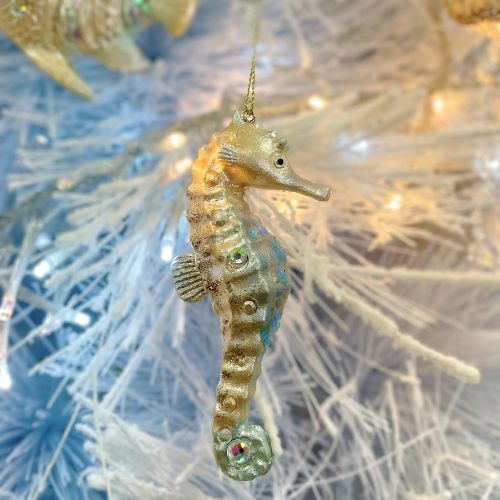 Hanging Seahorse Decoration - Blue & Gold