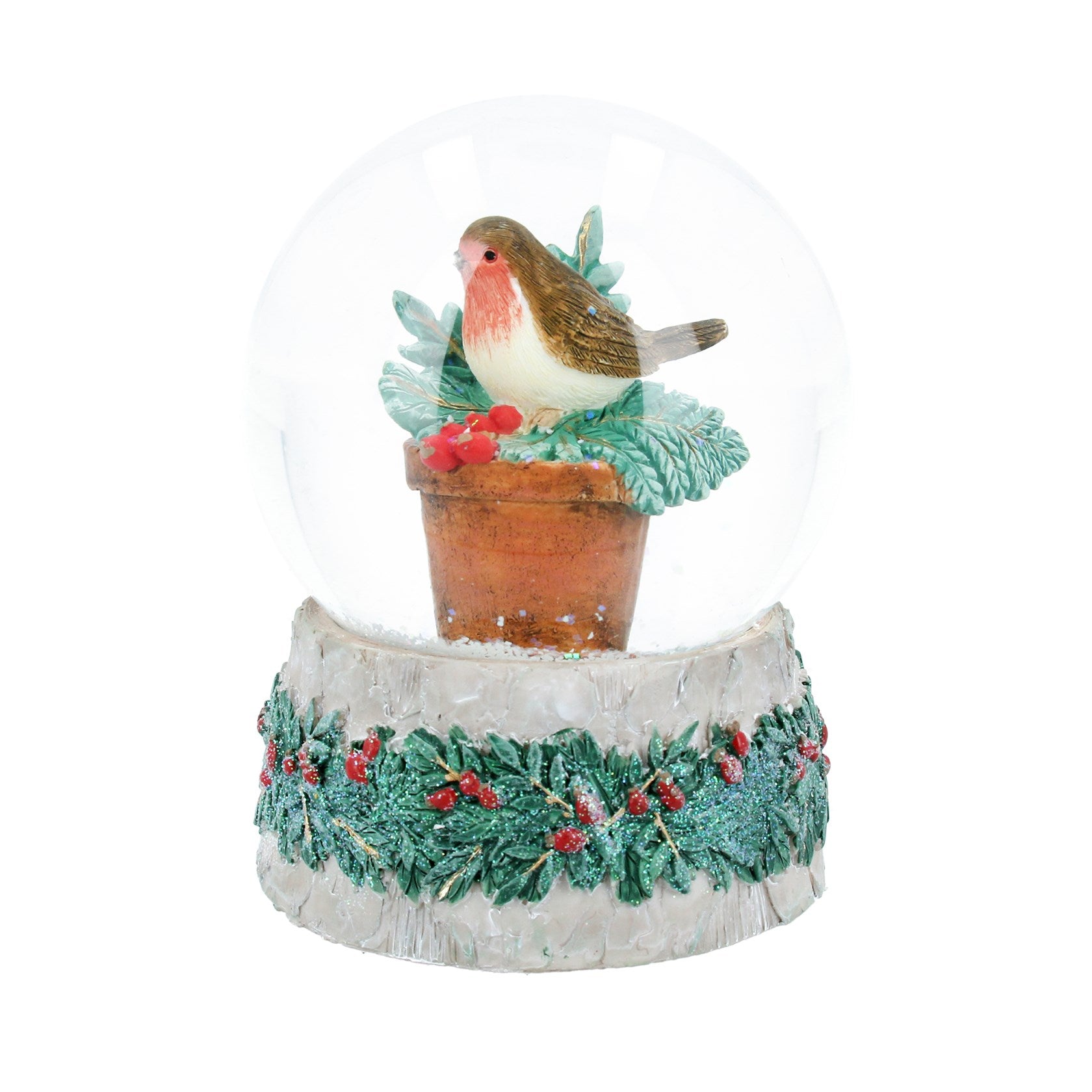 Musical Snow Globe - Robin in Flowerpot - Woodland