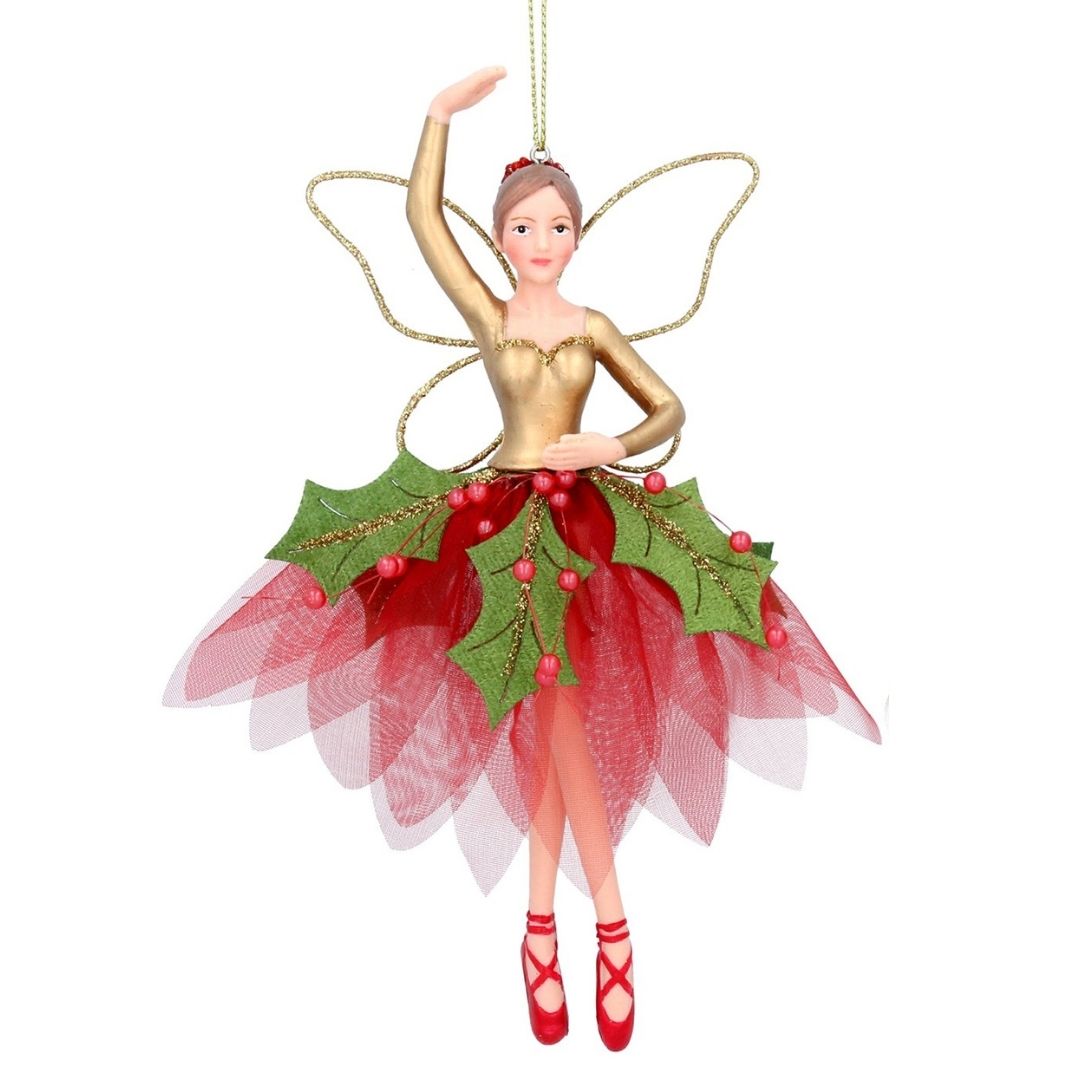 Hanging Glitter Fairy Decoration - Gold & Red - Holly