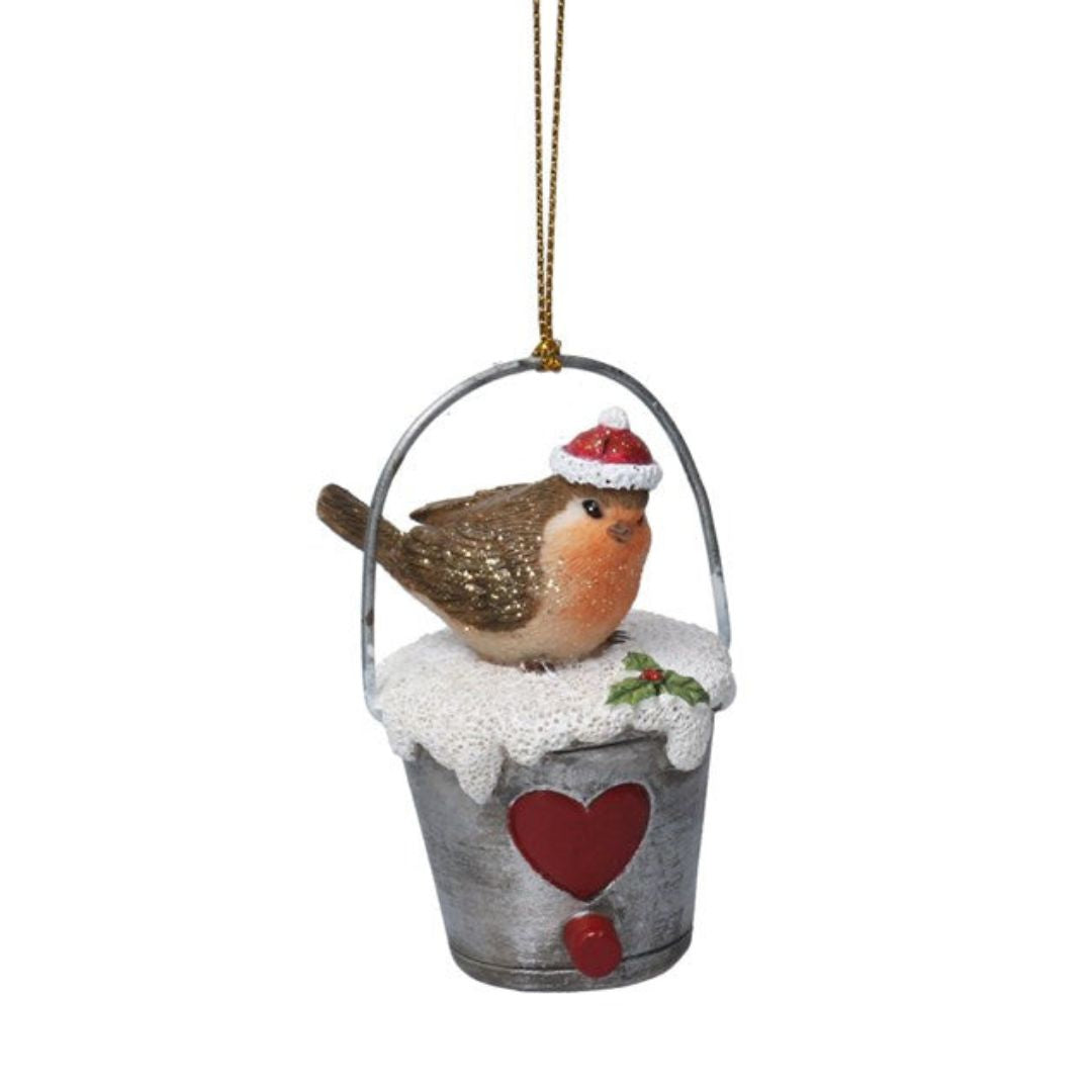 Hanging Robin in Tin Bucket Decoration - Woodland