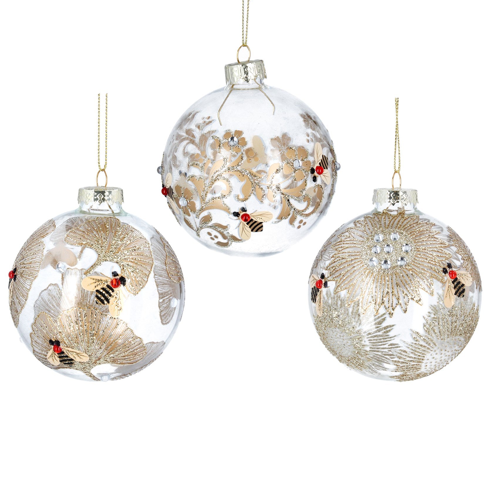 Glass Baubles - Gold Leaf / Bees - Set of 3