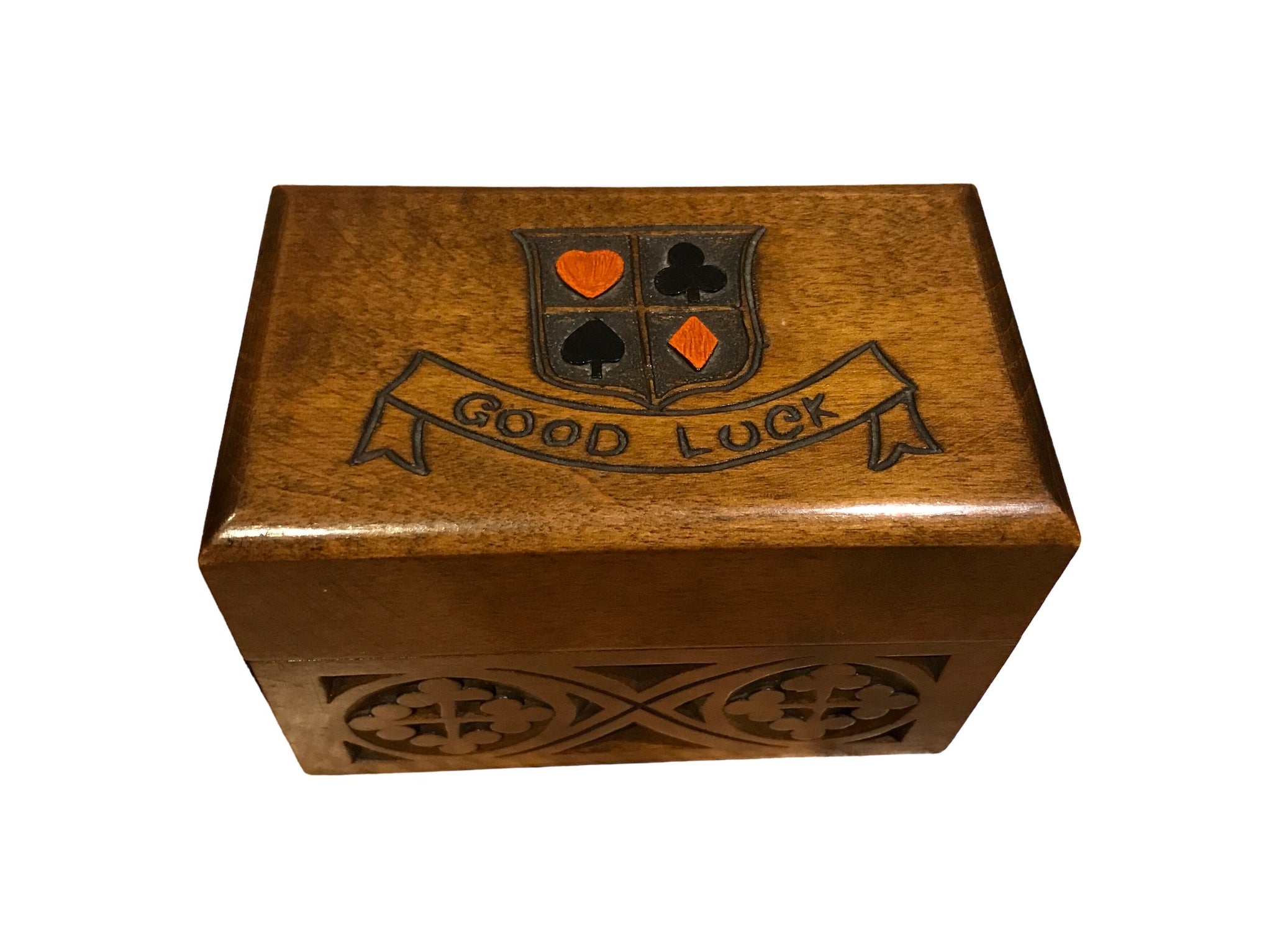 1930's Hand Carved Arts & Crafts-Style Playing Card Box complete with Art Deco 'De La Rue' Playing Cards