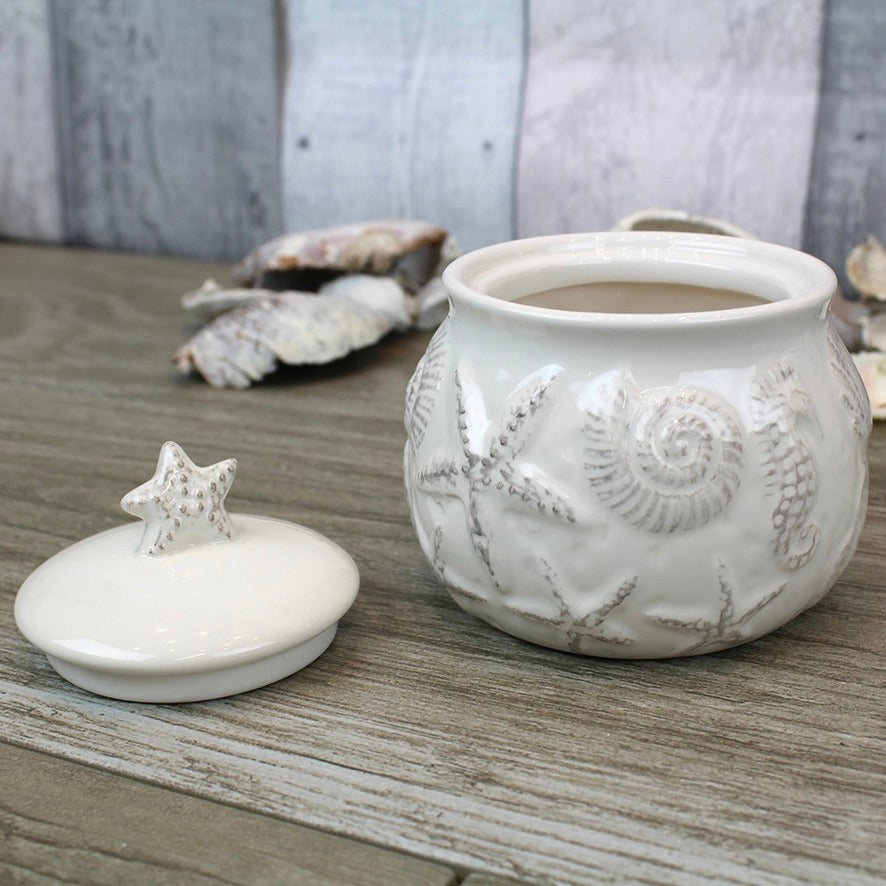 Ivory Ceramic Trinket Pot - Starfish & Shells