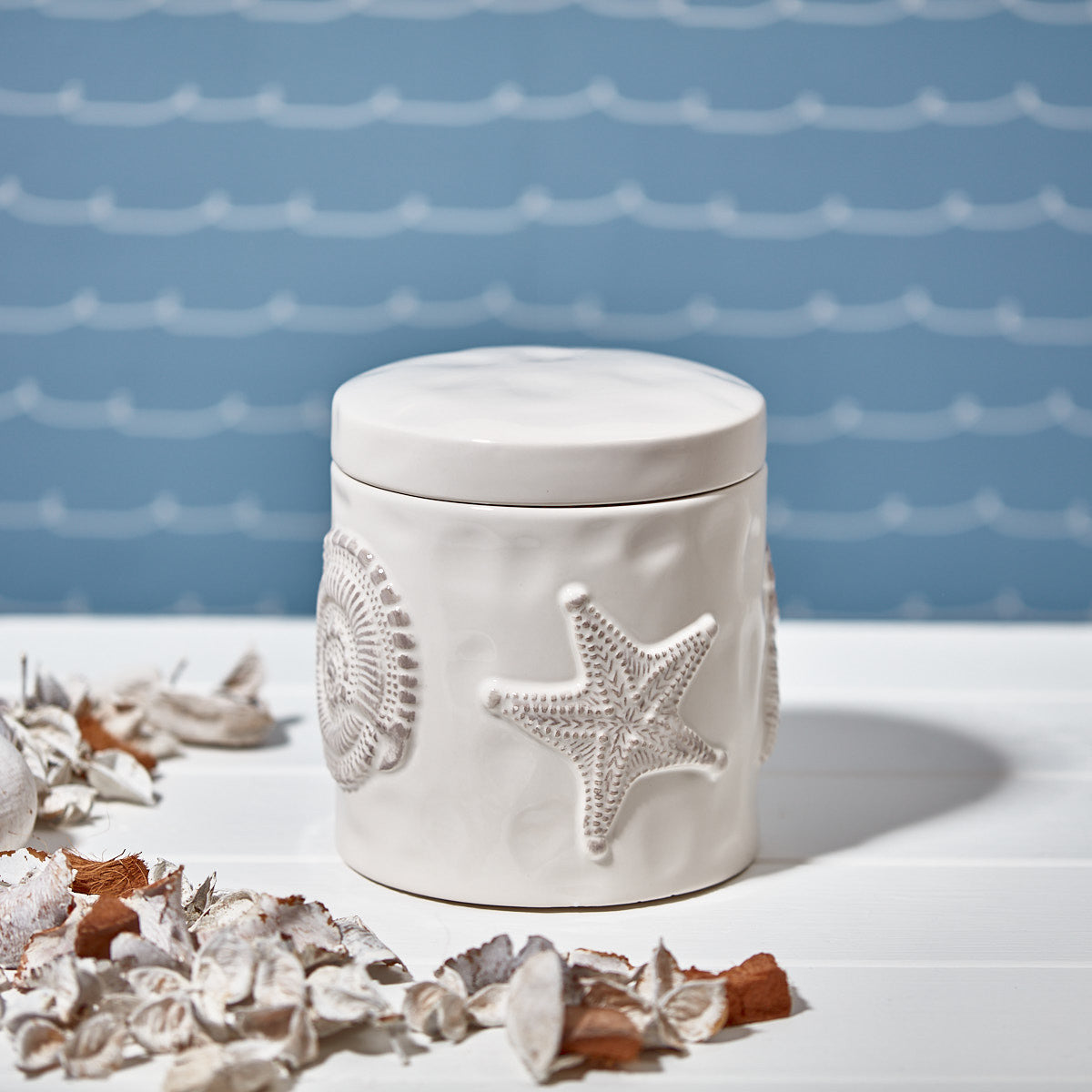 Ivory Ceramic Canister - Starfish & Shells