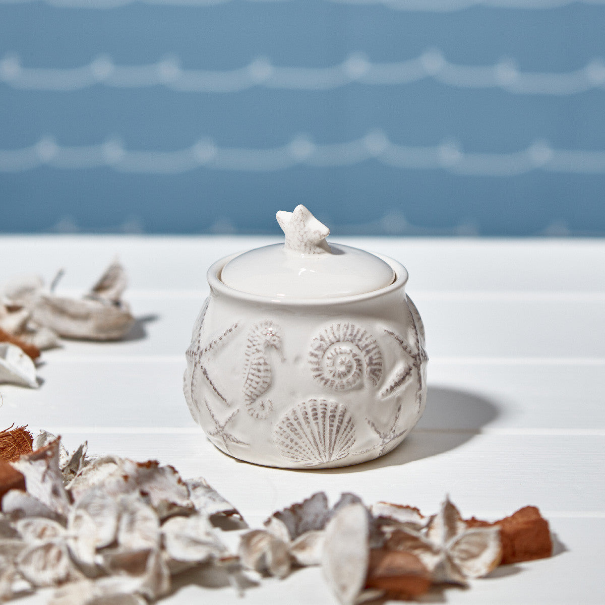 Ivory Ceramic Trinket Pot - Starfish & Shells