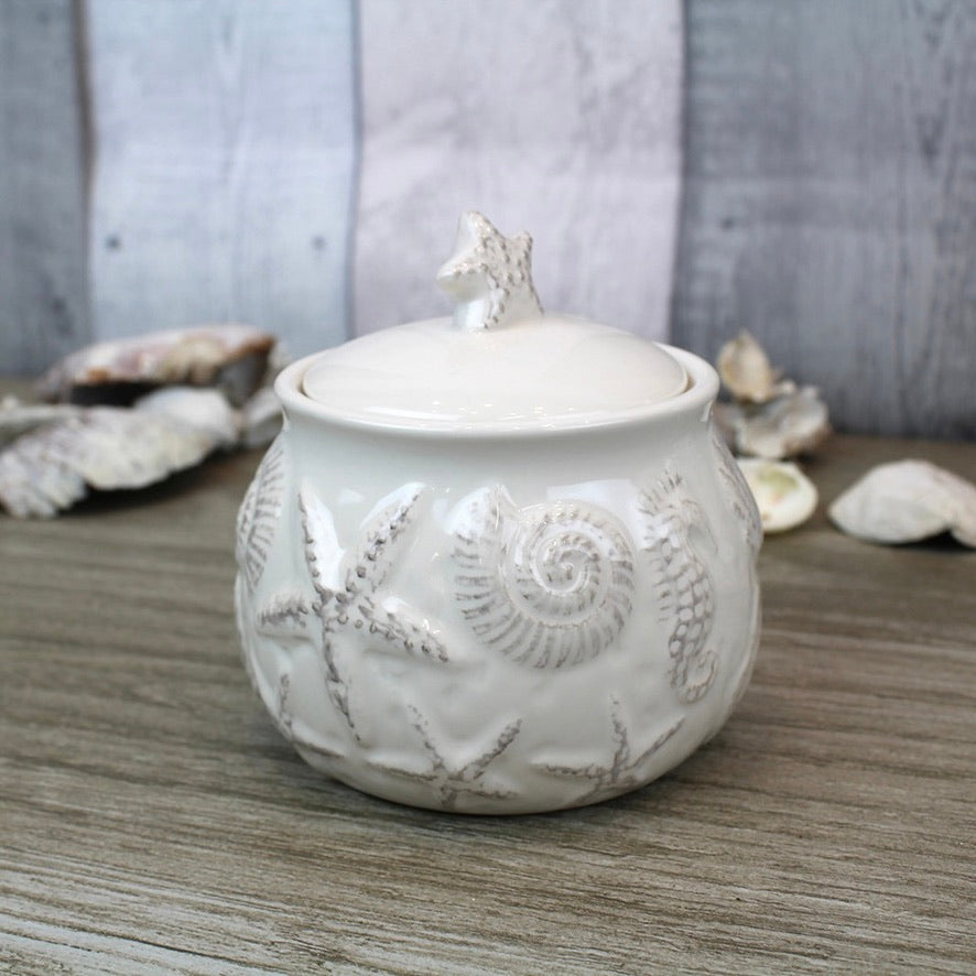 Ivory Ceramic Trinket Pot - Starfish & Shells