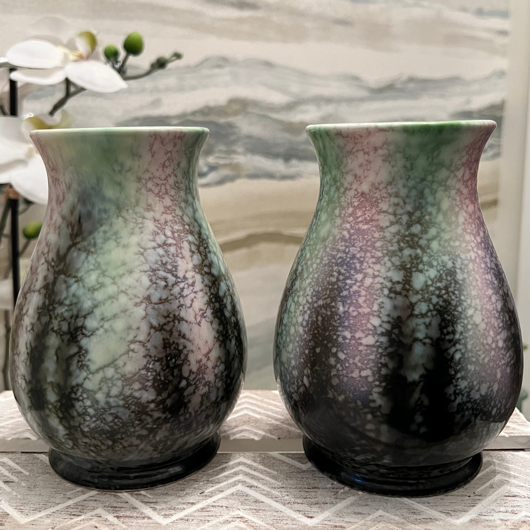 1950's Matching Pair of Sylvac Mottled Rainbow Flare Bottle Vases