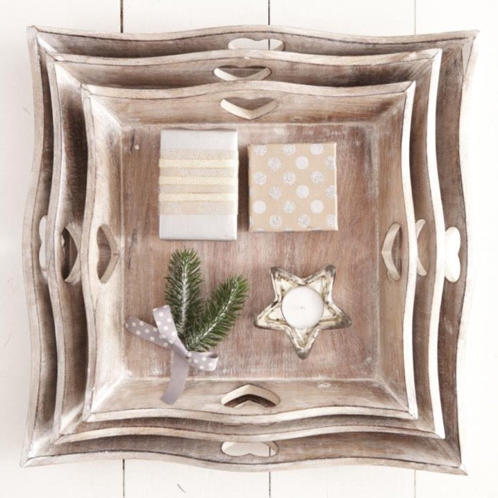 Natural Square Heart Handle Trays - Set of 3