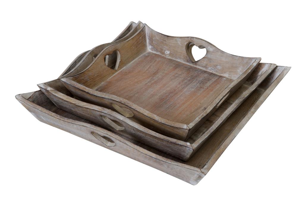 Natural Square Heart Handle Trays - Set of 3