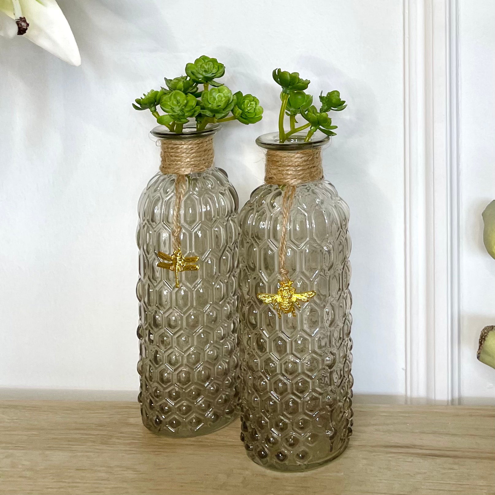 Mini Glass Vase Pair with Gold Bug Charm