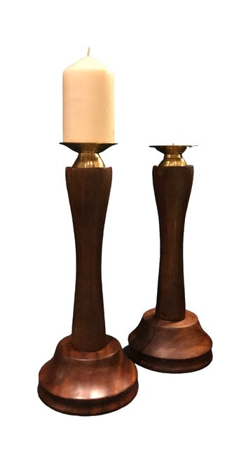 MID CENTURY MODERN Wood & Brass Candlesticks - Set of Two